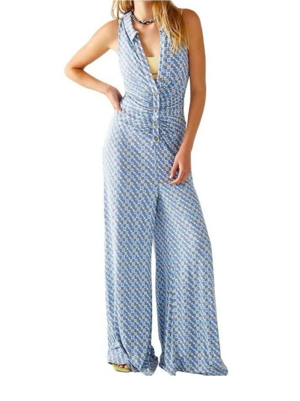 Free People Shayla Blue Geometric Halter Wide Leg Jumpsuit M NWOT - Picture 14 of 14